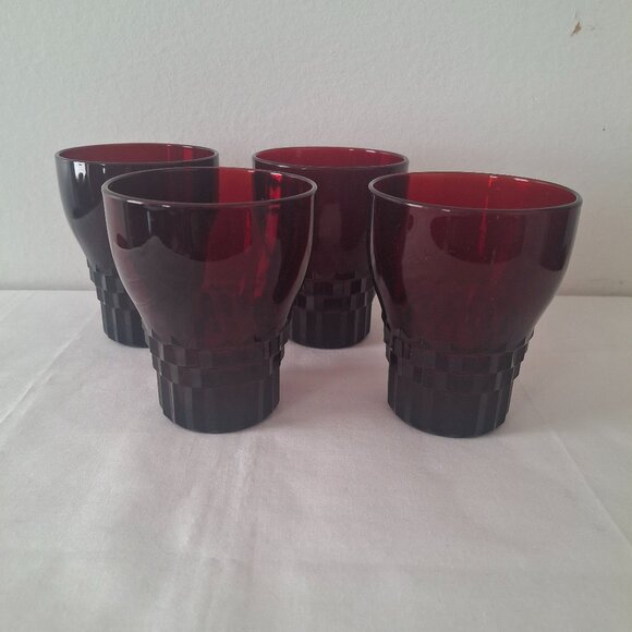 4 Vintage Anchor Hocking Royal Ruby 8 Ounce Water Tumblers Windsor Cube Pattern - Picture 1 of 6